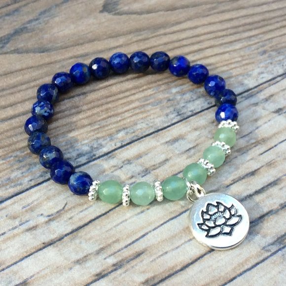 Lapis bracelet with Lotus charm, Aventurine, crystal healing bracelet - Picture 1 of 9